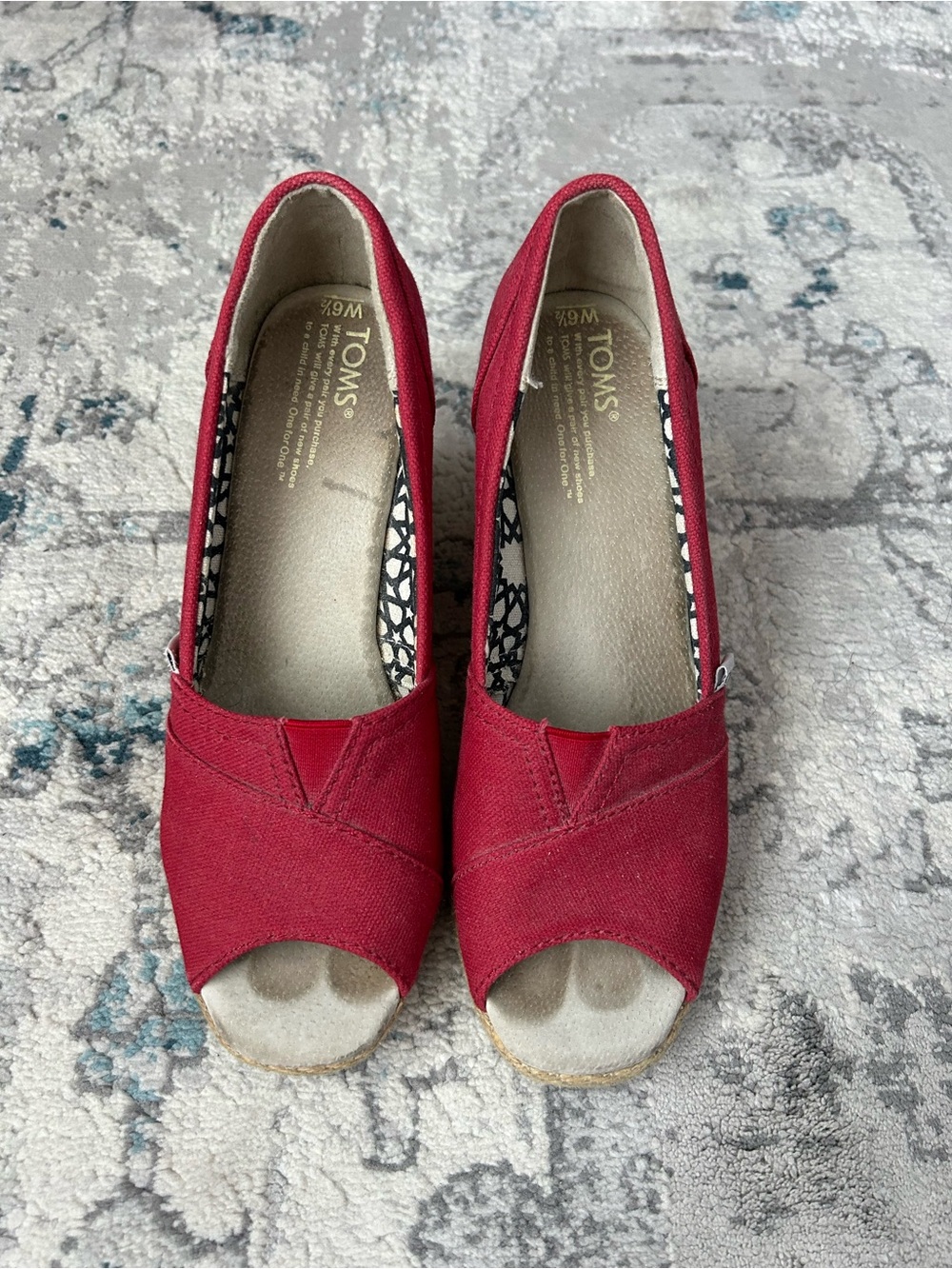 TOMS Red Canvas Peep-Toe Wedge Pumps